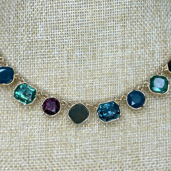 Gold-Tone Necklace With Multi-Colored Glass Gemstones Square & Round Shapes Adju - Picture 8 of 9